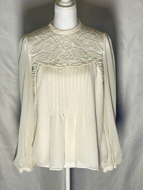 Express Lace Open Back Blouse Cream Sheer Romantic Boho Long Sleeve Top Small